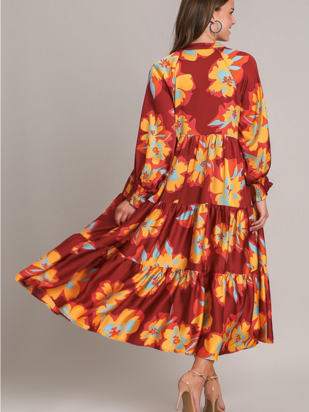 Umgee Rust Maxi Dress with Bold Yellow & Turquoise Floral Print - Picture 5 of 6
